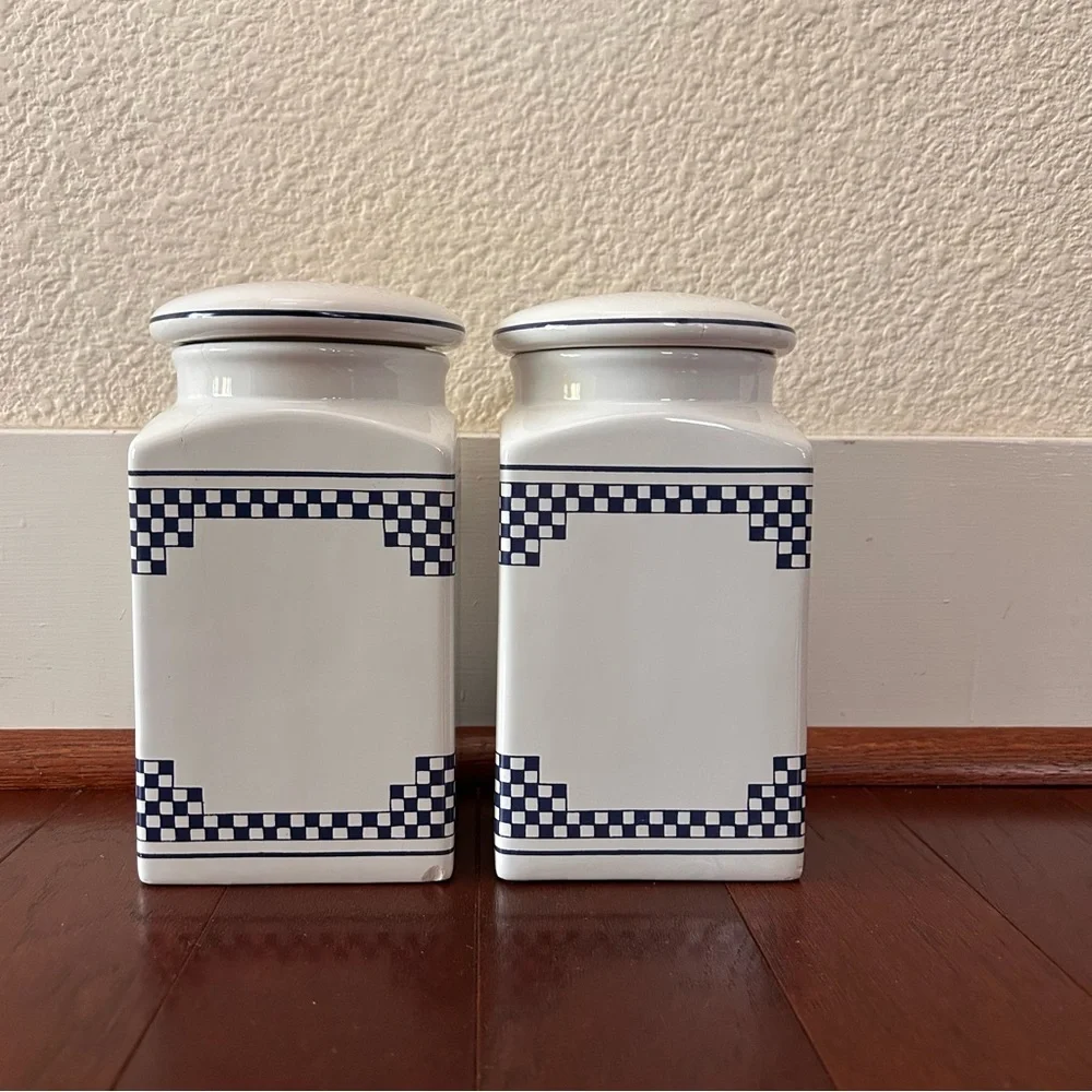 Vintage French Lustucru Style Sel (salt) Canisters Blue White Ceramic Set 2